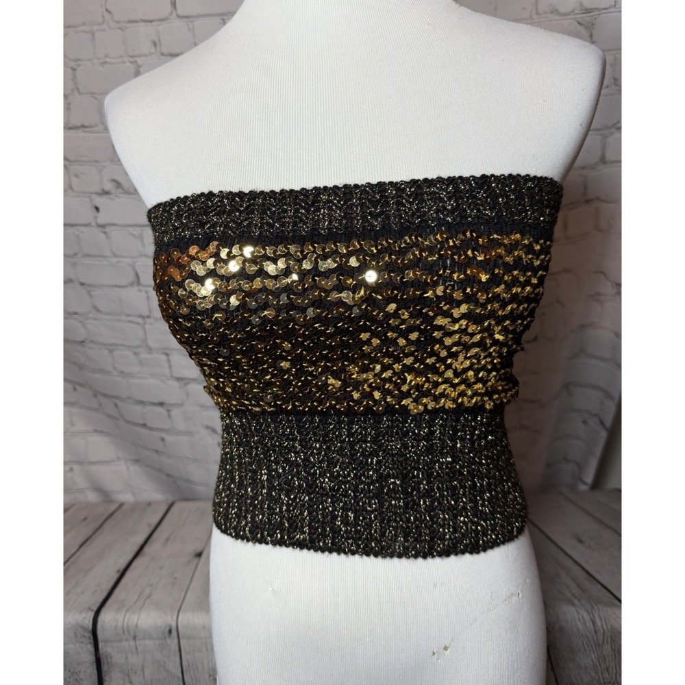Vicky Vaughn 70s Disco Party Dance Stretch Sequins Tube Top Black Gold s/m